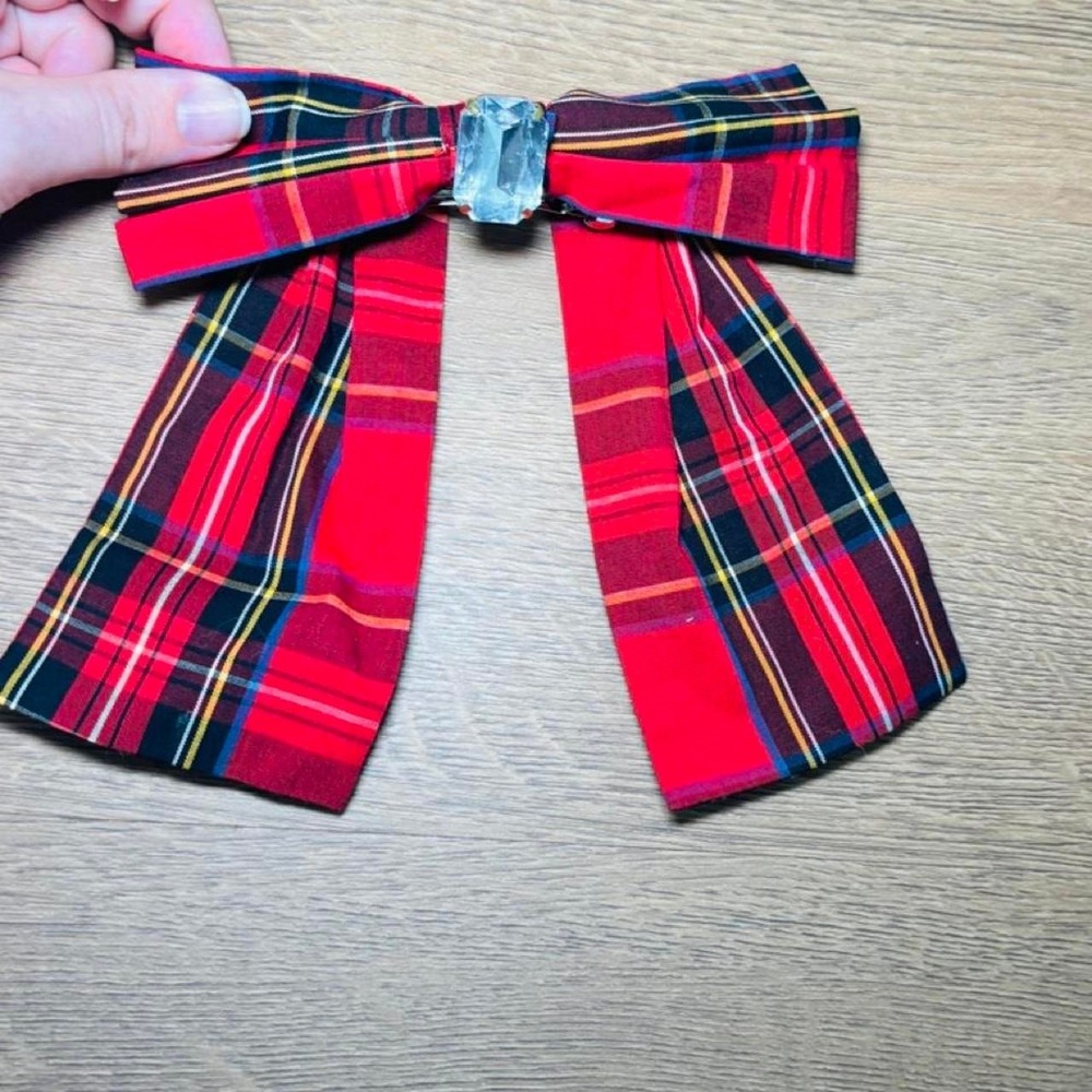 J.Crew Embellished Tartan Bow Barrette Red Plaid Crystal Hair Clip Holiday